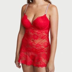 VICTORIAS SECRET Bombshell Add 2 Cup Sizes Push up Lace Red Chemise NEW